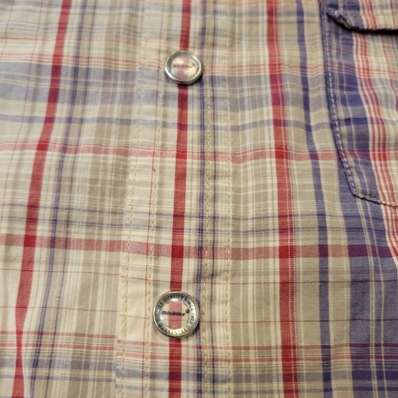 Mens Dickies Snap Button Logo Short Sleeve Shirt Sz M Striped Blue Tan - Picture 3 of 5